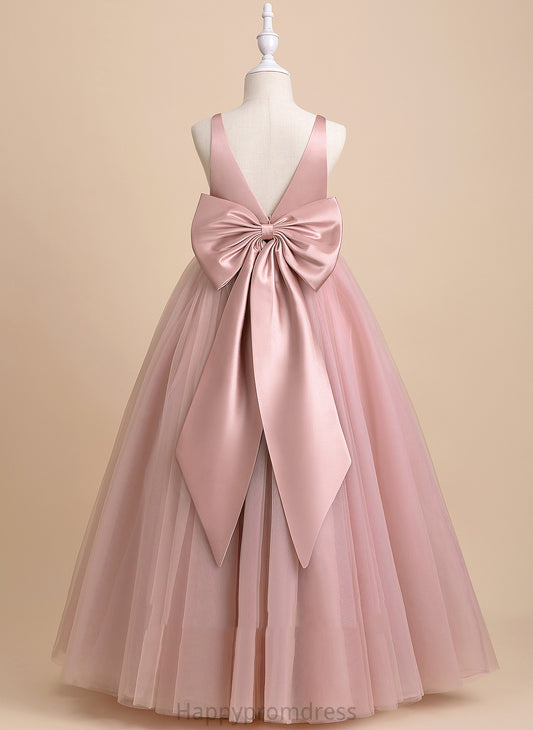 V-neck Bow(s)/V Floor-length Evie - Back Flower Tulle Ball-Gown/Princess Girl Flower Girl Dresses With Sleeveless Dress
