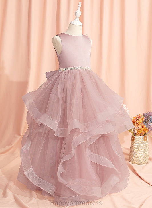 Girl Scoop Ball-Gown/Princess Sleeveless Flower Girl Dresses - Tulle Floor-length Back Dress Neck Beading/Bow(s)/V Flower With Emmy