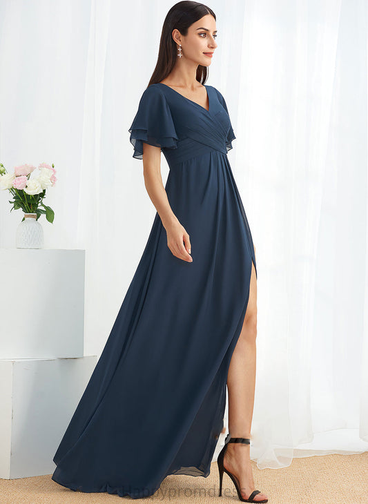 A-Line Length Neckline Floor-Length Silhouette SplitFront V-neck Embellishment Fabric Eliza Natural Waist V-Neck Bridesmaid Dresses