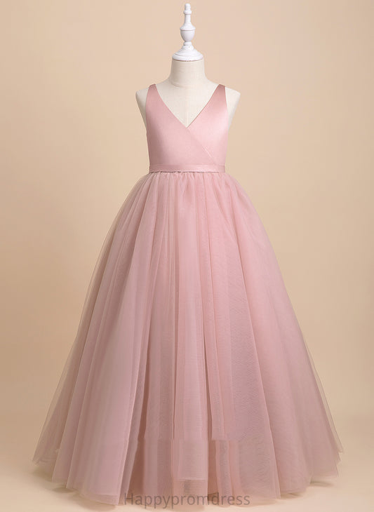 V-neck Bow(s)/V Floor-length Evie - Back Flower Tulle Ball-Gown/Princess Girl Flower Girl Dresses With Sleeveless Dress
