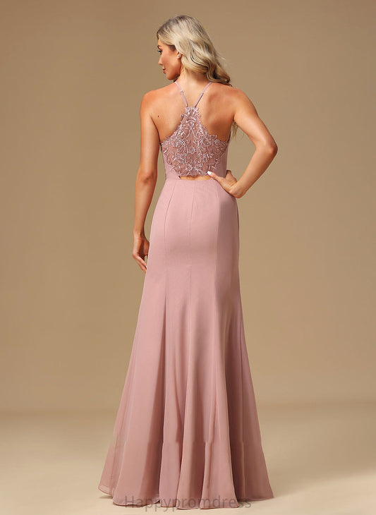 A-Line Floor-Length Fabric Silhouette Lace SplitFront Neckline HighNeck Length Embellishment Madge Spandex Bridesmaid Dresses